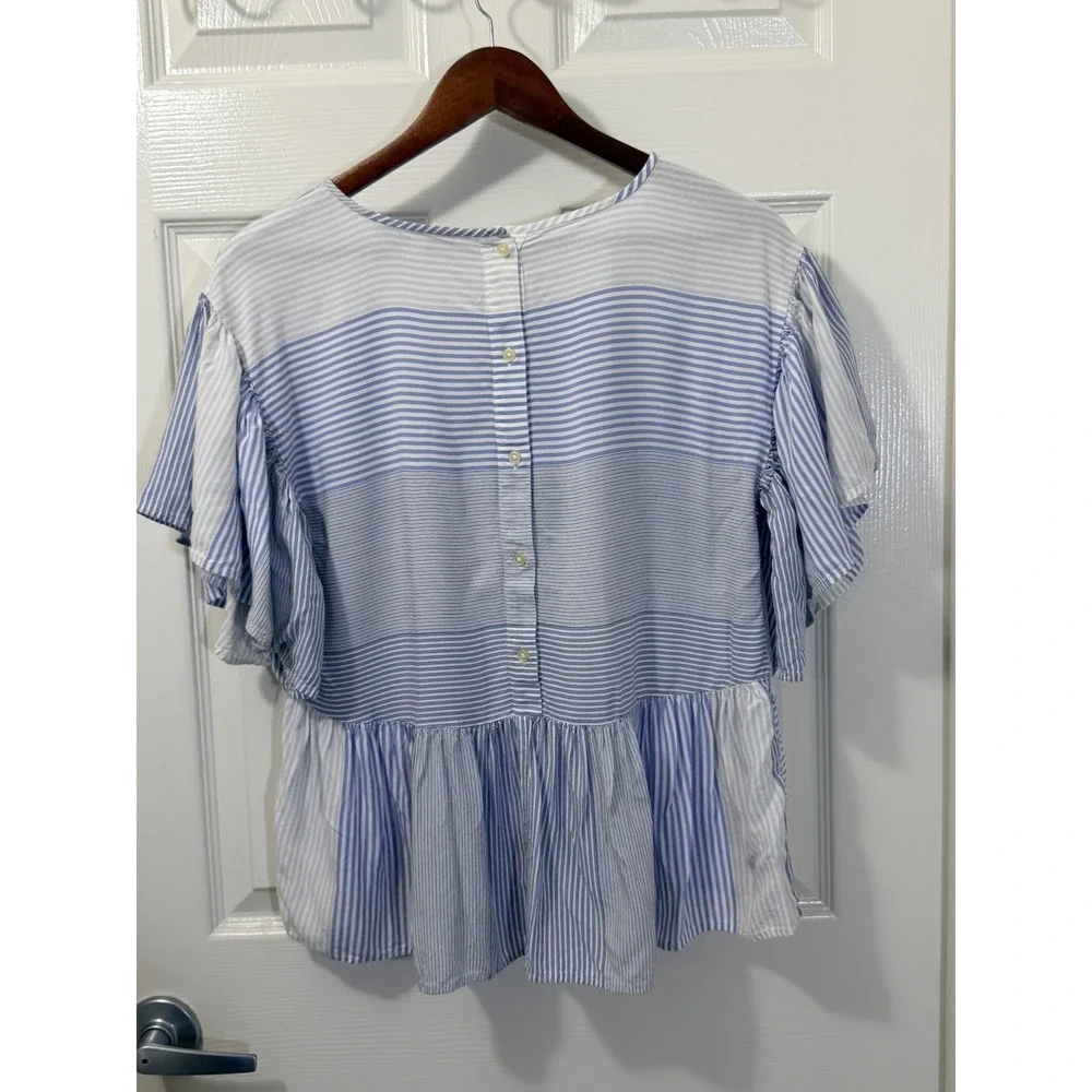Loft Womens Blue White Striped Ruffle Sleeve Button Back Peplum Blouse Small - Picture 4 of 4